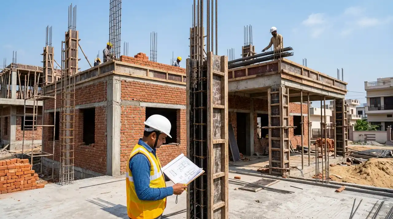 Civil site engineers reviewing duplex structural foundation drawings on a construction site in Indore