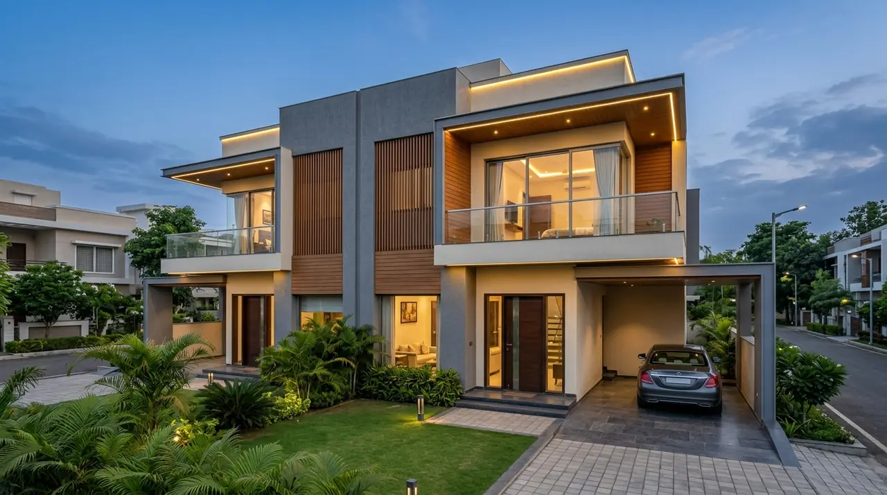 Modern 2-storey luxury contemporary duplex house constructed in Indore by Sarovar Builders