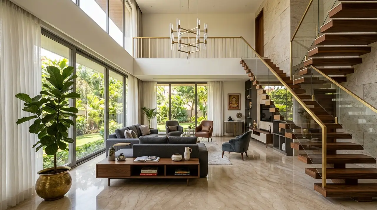 Luxurious double-height duplex living room with floating wooden staircase and floor-to-ceiling glass in Indore