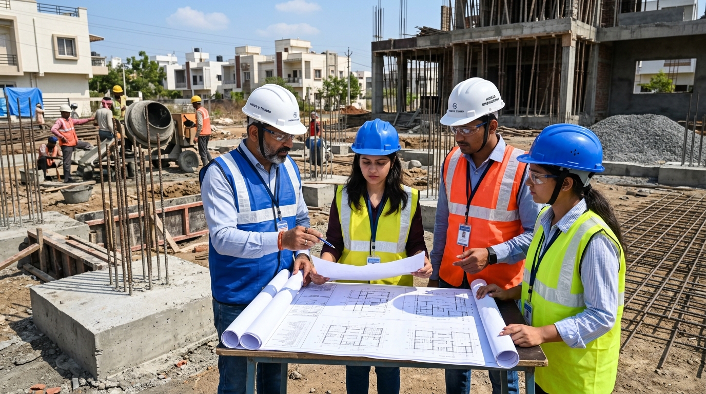 Civil site engineers reviewing structural foundation drawings on a house construction site in Indore