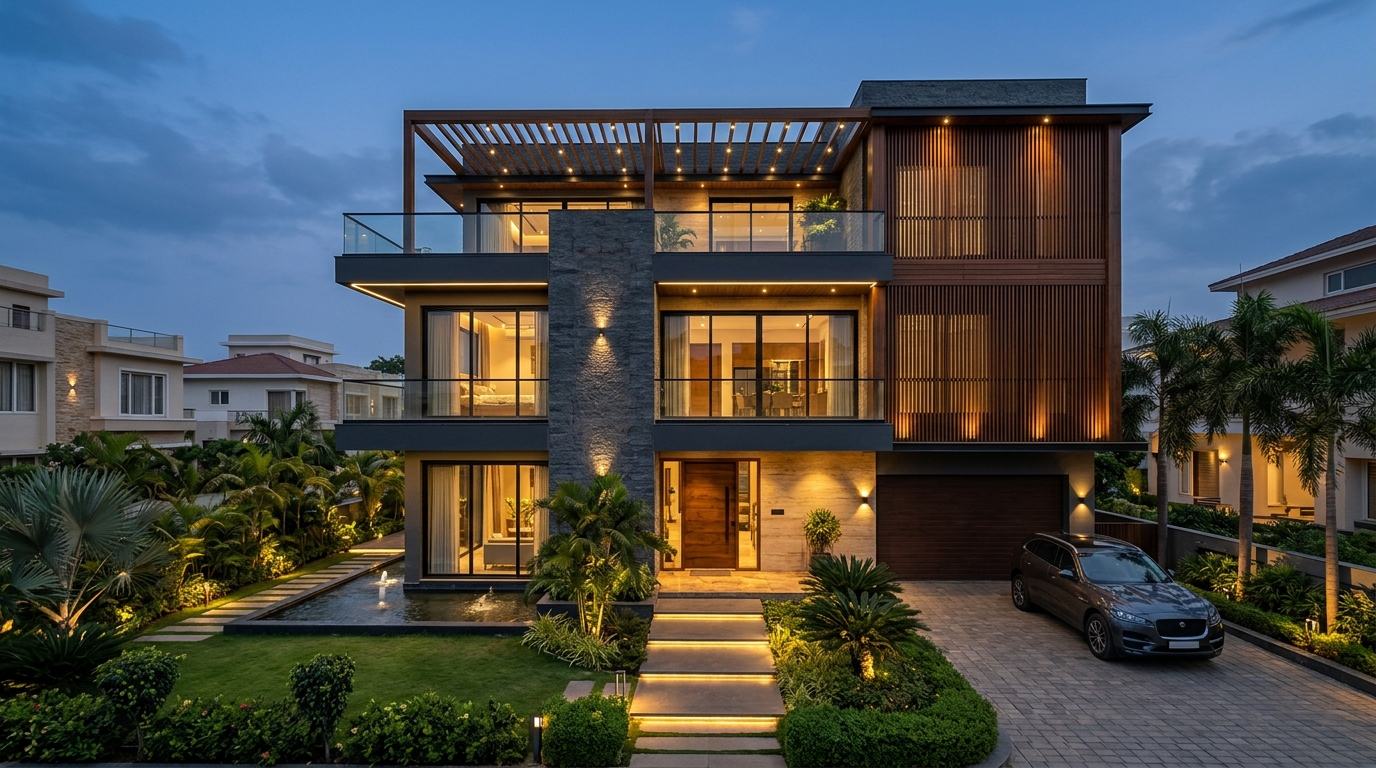 Modern 3-storey independent house construction in Indore by Sarovar Builders