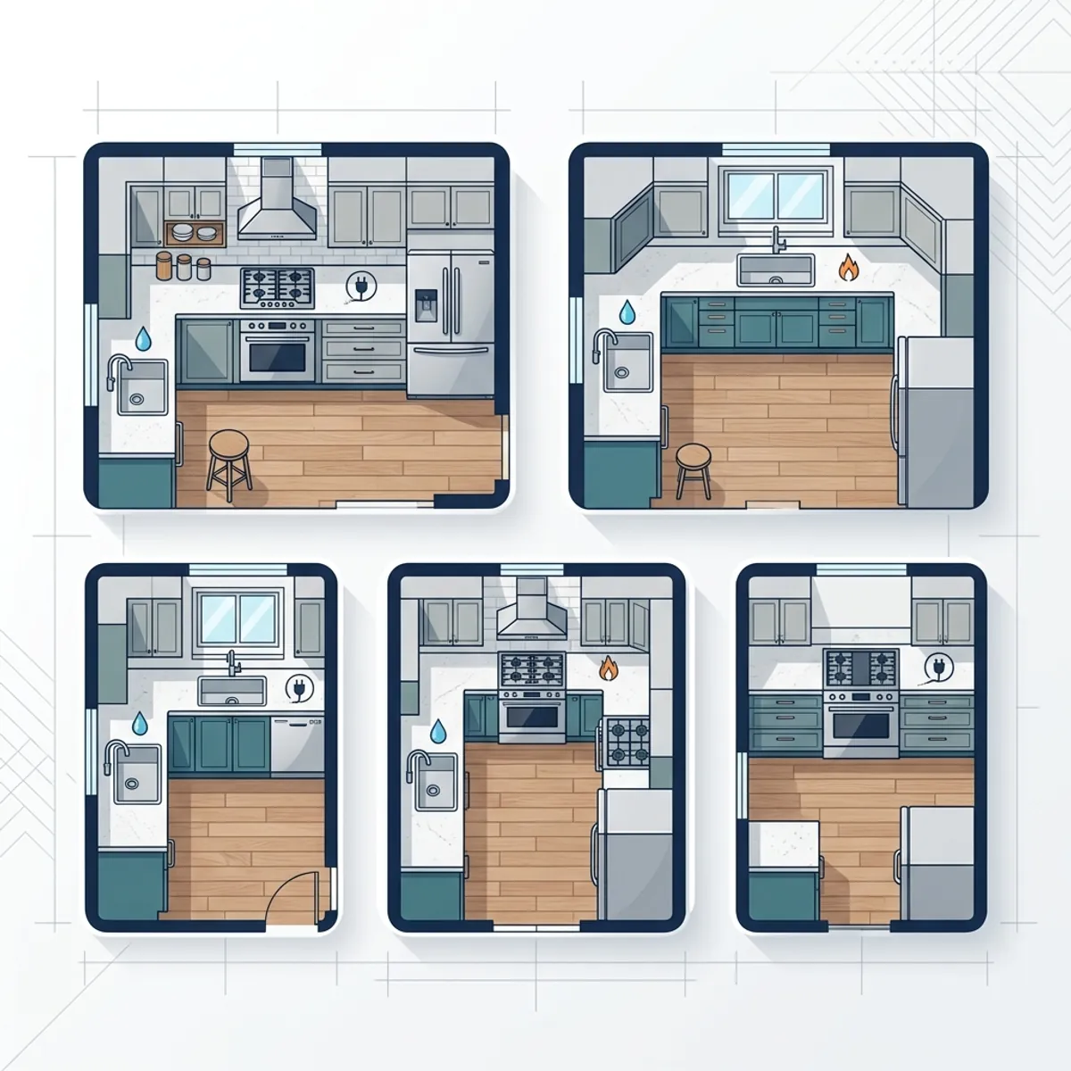 Top-down floor plans of L-shaped, U-shaped and Parallel kitchen layouts