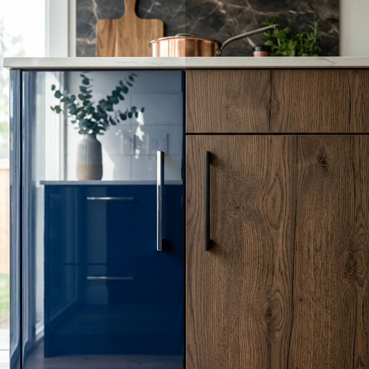 Split view comparing glossy blue acrylic finish and matte textured wood laminate kitchen cabinets